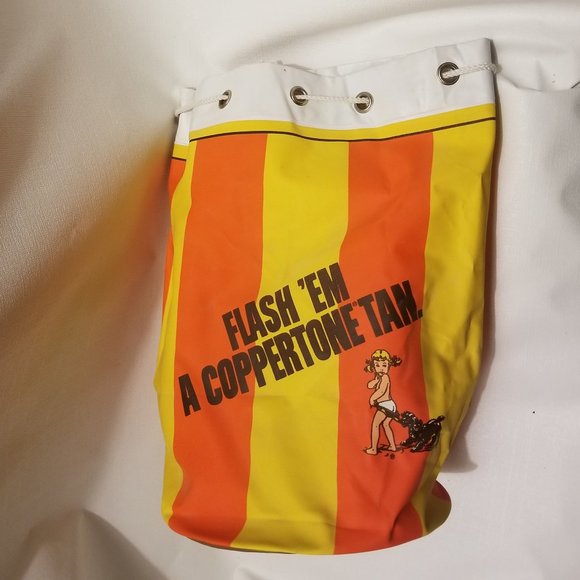 vtg orange & yellow striped vinyl bag w girl & dog - Picture 4 of 14